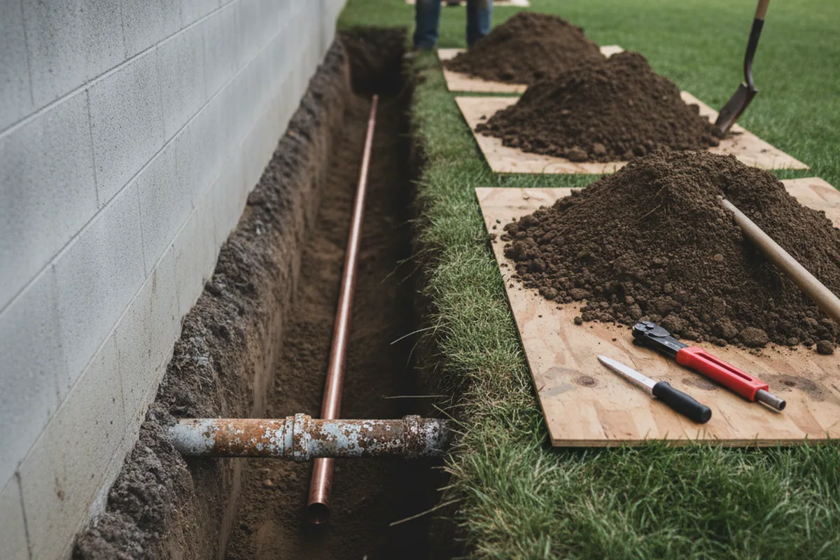 Excavated water line trench during Sewer Line Repair in Leonard